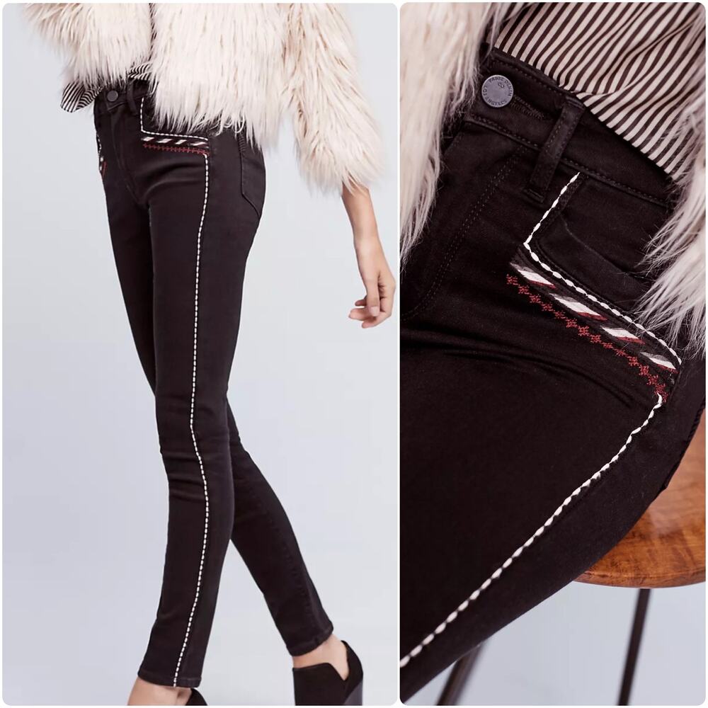 Anthro Paige Amberly High Rise Skinny Jeans size 25 Black Embroidered Leg